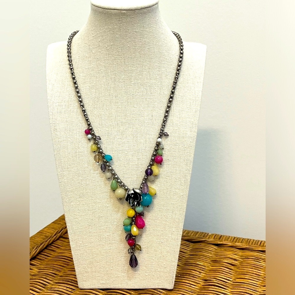 Vintage Fossil Beaded Flower Y-Necklace Y2K Boho Statement Jewelry Multi-Color - Picture 6 of 9